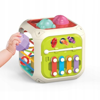 Kostka edukacyjna sensoryczna 8w1 – sorter, klocki, cymbałki, gumki, przeplatanki