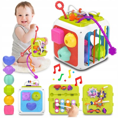 Kostka edukacyjna sensoryczna 8w1 – sorter, klocki, cymbałki, gumki, przeplatanki