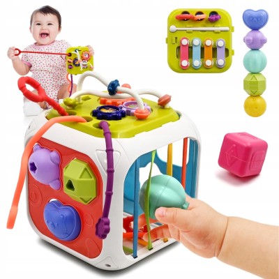 Kostka edukacyjna sensoryczna 8w1 – sorter, klocki, cymbałki, gumki, przeplatanki