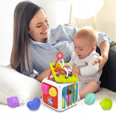 Kostka edukacyjna sensoryczna 8w1 – sorter, klocki, cymbałki, gumki, przeplatanki