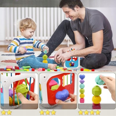 Kostka edukacyjna sensoryczna 8w1 – sorter, klocki, cymbałki, gumki, przeplatanki