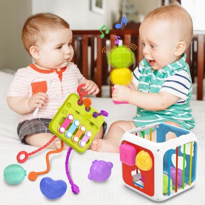 Kostka edukacyjna sensoryczna 8w1 – sorter, klocki, cymbałki, gumki, przeplatanki