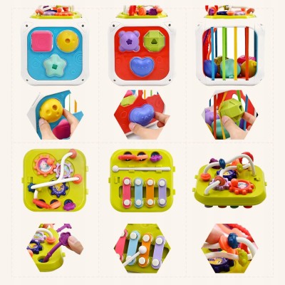 Kostka edukacyjna sensoryczna 8w1 – sorter, klocki, cymbałki, gumki, przeplatanki