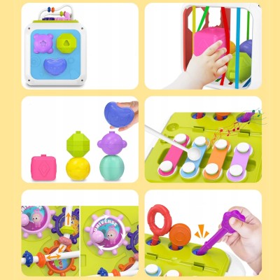 Kostka edukacyjna sensoryczna 8w1 – sorter, klocki, cymbałki, gumki, przeplatanki