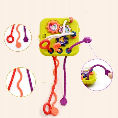 Kostka edukacyjna sensoryczna 8w1 – sorter, klocki, cymbałki, gumki, przeplatanki