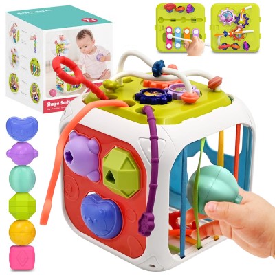 Kostka edukacyjna sensoryczna 8w1 – sorter, klocki, cymbałki, gumki, przeplatanki