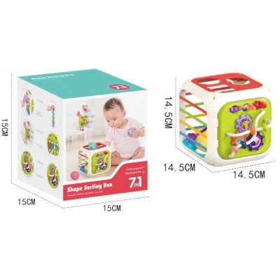 Kostka edukacyjna sensoryczna 8w1 – sorter, klocki, cymbałki, gumki, przeplatanki