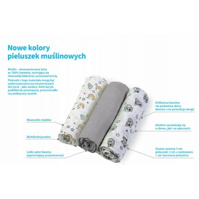 Pieluszki muślinowe 100% bawełna – super miękkie, oddychające | Zestaw 3 sztuki