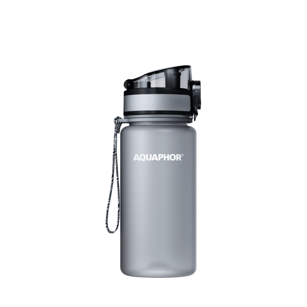 Butelka filtrująca wodę 350 ml do podróży, sportu i pracy – AQUAPHOR, lekka i ekologiczna, wydajność 150l Szary