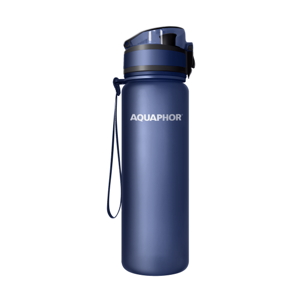 Butelka filtrująca wodę 0,8 l do podróży, sportu i pracy – AQUAPHOR, lekka i ekologiczna, wydajność 150l Granatowy