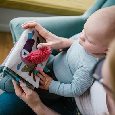 Książeczka sensoryczna Safari – dwustronna, z lusterkiem, gryzakiem i podstawką | 0m+