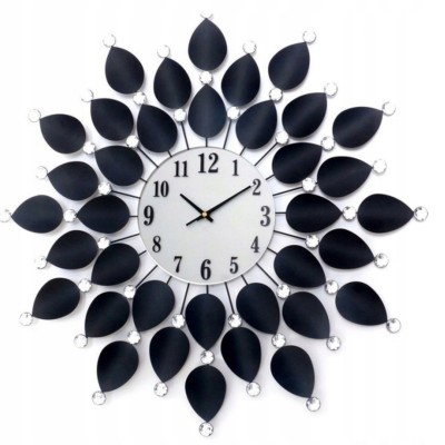Nowoczesny zegar ścienny 60 cm czarny metalowy z kryształkami – design do salonu