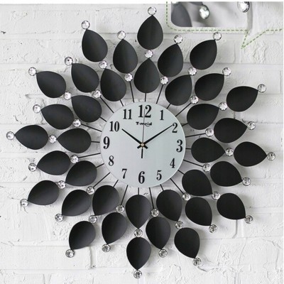 Nowoczesny zegar ścienny 60 cm czarny metalowy z kryształkami – design do salonu
