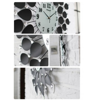 Nowoczesny zegar ścienny 60 cm czarny metalowy z kryształkami – design do salonu
