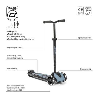 Scoot & Ride Highwaykick 5 LED – hulajnoga balansowa z kółkami LED, regulowana dla dzieci i dorosłych Scoot & Ride Highwaykick 5 LED – hulajnoga balansowa z kółkami LED, regulowana dla dzieci i dorosłych