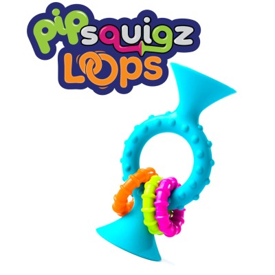 Bobo Przyssawka PipSquigz Loops Fat Brain Toys – niebieska grzechotka sensoryczna dla niemowląt