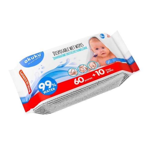 Nawilżane chusteczki 70szt | 99% wody, bez alkoholu i perfum Akuku A0031