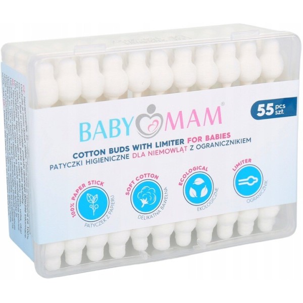 Patyczki higieniczne z ogranicznikiem bawełnianie 55szt Babymam By8525