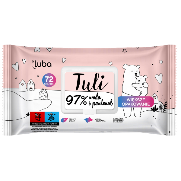 LUBA Tuli chusteczki nawilżane POP-UP 72szt – 97% woda i pantenol, bezpieczne od 1. miesiąca