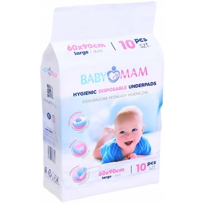 Jednorazowe podkłady higieniczne Babymam 10szt – superchłonne, nieprzemakalne, 60x90 cm