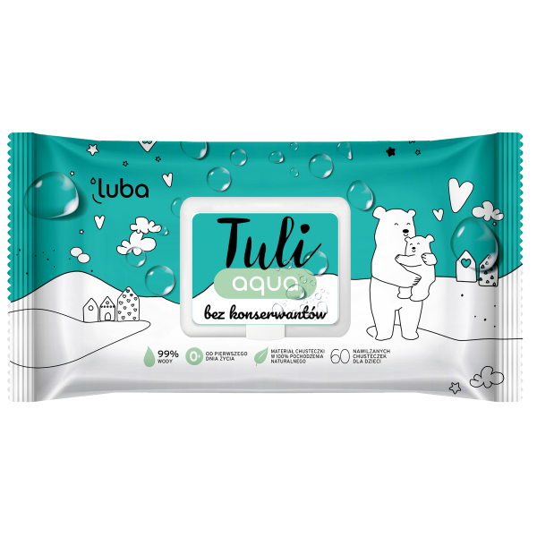 Luba Tuli Aqua chusteczki wodne 60szt – 99% wody, bez konserwantów i perfum, od 1. dnia życia