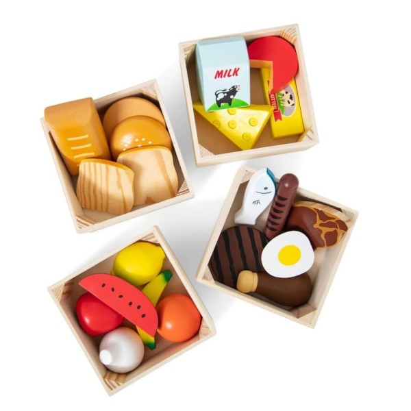 Drewniane produkty spożywcze dla dzieci Melissa & Doug | 4 skrzynki z jedzeniem do zabawy 2+