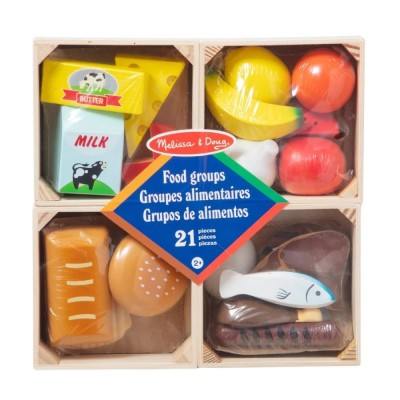 Drewniane produkty spożywcze Melissa & Doug – zestaw 4 skrzynek z jedzeniem do zabawy