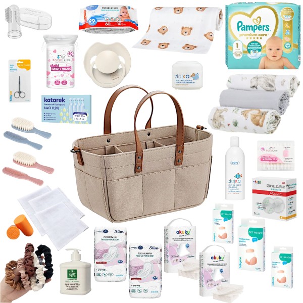 Gotowy zestaw wyprawkowy 30 produktów z organizerem, wyprawka do szpitala i domu