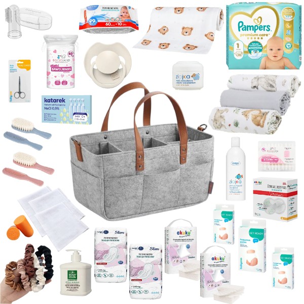 Gotowy zestaw wyprawkowy 30 produktów z organizerem, wyprawka do szpitala i domu