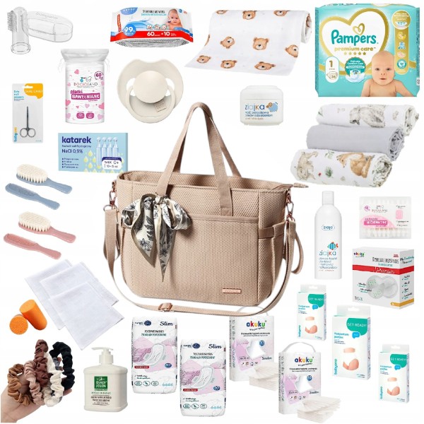 Gotowy zestaw wyprawkowy 30 produktów z torbą do wózka dla mamy Babyono, wyprawka do szpitala i domu