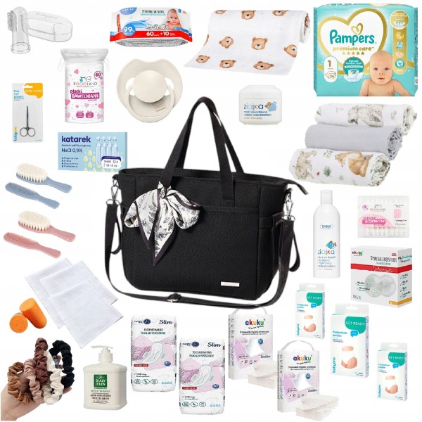 Gotowy zestaw wyprawkowy 30 produktów z torbą do wózka dla mamy Babyono, wyprawka do szpitala i domu