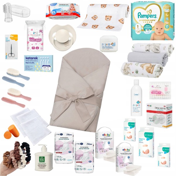 Gotowy zestaw wyprawkowy 30 produktów z usztywnianym rożkiem Infantilo, wyprawka do szpitala i domu