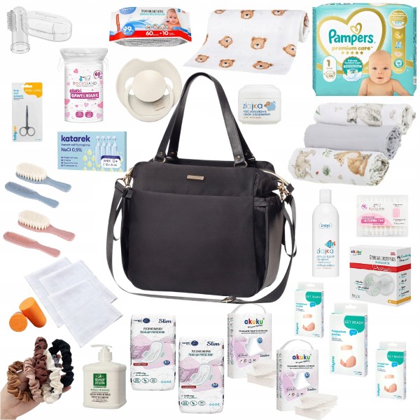 Gotowy zestaw wyprawkowy 30 produktów z torbą do wózka dla mamy Babyono, wyprawka do szpitala i domu