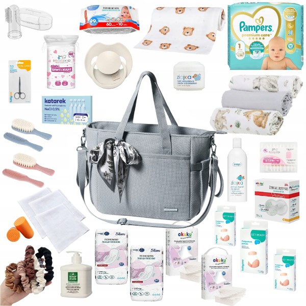 Gotowy zestaw wyprawkowy 30 produktów z torbą do wózka dla mamy Babyono, wyprawka do szpitala i domu