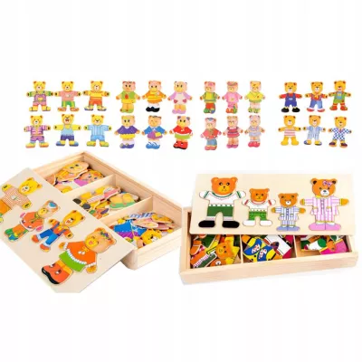 Drewniana układanka Misie 74 el. – edukacyjna zabawka z sorterem emocji i ubrań | Nauka przez zabawę dla dzieci 3+