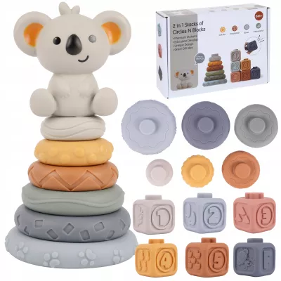 Klocki sensoryczne gumowe Montessori 13 el. – miękka wieża i piramida 3w1 | Gryzaki, nauka kolorów i rozwój zmysłów dla niemowlą