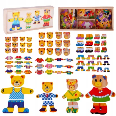 Drewniana układanka Misie 74 el. – edukacyjna zabawka z sorterem emocji i ubrań | Nauka przez zabawę dla dzieci 3+
