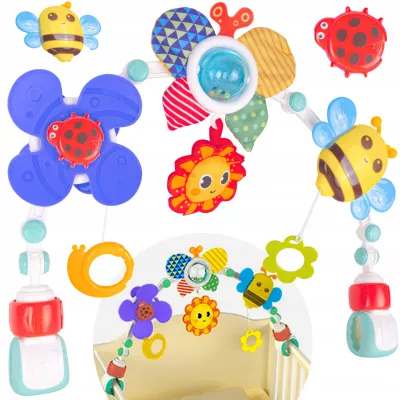 Pałąk z zabawkami do łóżeczka i wózka – kolorowe grzechotki i zwierzątka dla niemowląt | Rozwój zmysłów i zabawa od pierwszych d