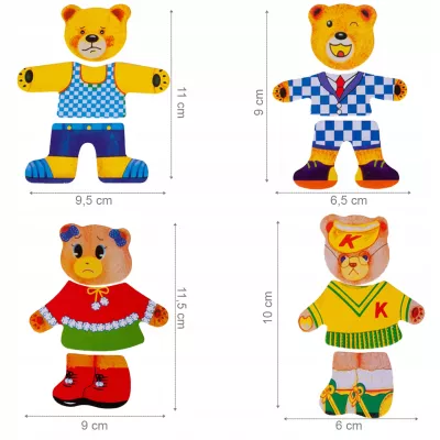 Drewniana układanka Misie 74 el. – edukacyjna zabawka z sorterem emocji i ubrań | Nauka przez zabawę dla dzieci 3+