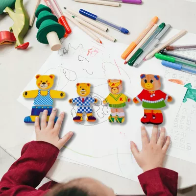Drewniana układanka Misie 74 el. – edukacyjna zabawka z sorterem emocji i ubrań | Nauka przez zabawę dla dzieci 3+
