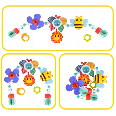 Pałąk z zabawkami do łóżeczka i wózka – kolorowe grzechotki i zwierzątka dla niemowląt | Rozwój zmysłów i zabawa od pierwszych d