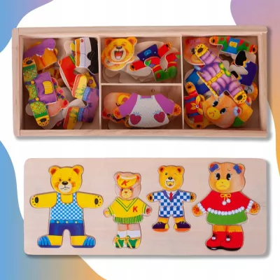 Drewniana układanka Misie 74 el. – edukacyjna zabawka z sorterem emocji i ubrań | Nauka przez zabawę dla dzieci 3+