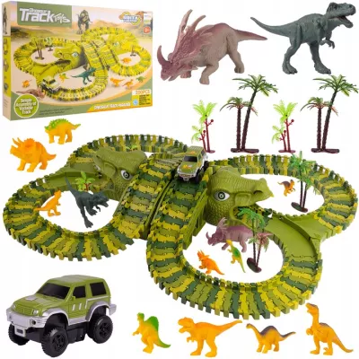 Tor samochodowy Dino Park dla dzieci 230 el – ruchomy tor z dinozaurami, tunele, auto terenowe