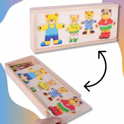 Drewniana układanka Misie 74 el. – edukacyjna zabawka z sorterem emocji i ubrań | Nauka przez zabawę dla dzieci 3+