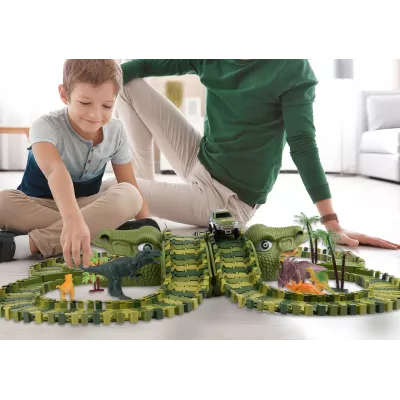 Tor samochodowy Dino Park dla dzieci 230 el – ruchomy tor z dinozaurami, tunele, auto terenowe