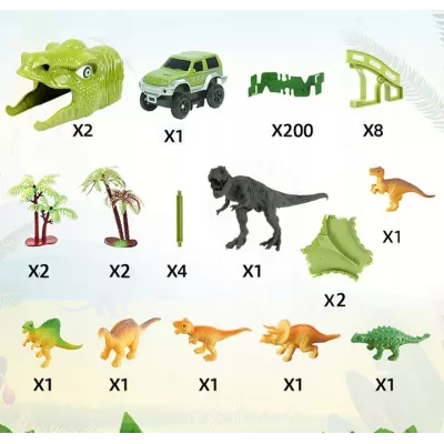 Tor samochodowy Dino Park dla dzieci 230 el – ruchomy tor z dinozaurami, tunele, auto terenowe