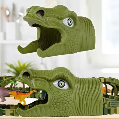 Tor samochodowy Dino Park dla dzieci 230 el – ruchomy tor z dinozaurami, tunele, auto terenowe