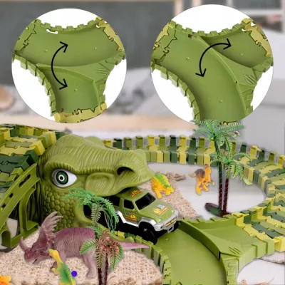 Tor samochodowy Dino Park dla dzieci 230 el – ruchomy tor z dinozaurami, tunele, auto terenowe