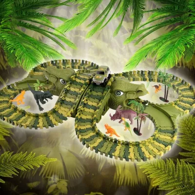 Tor samochodowy Dino Park dla dzieci 230 el – ruchomy tor z dinozaurami, tunele, auto terenowe
