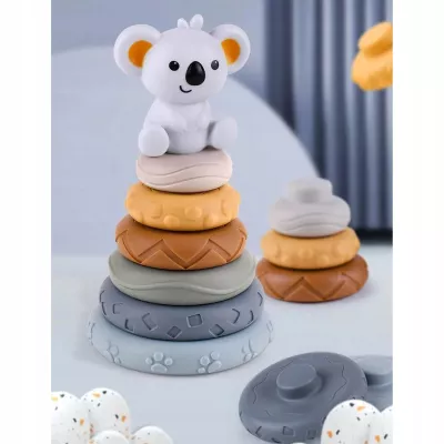 Klocki sensoryczne gumowe Montessori 13 el. – miękka wieża i piramida 3w1 | Gryzaki, nauka kolorów i rozwój zmysłów dla niemowlą